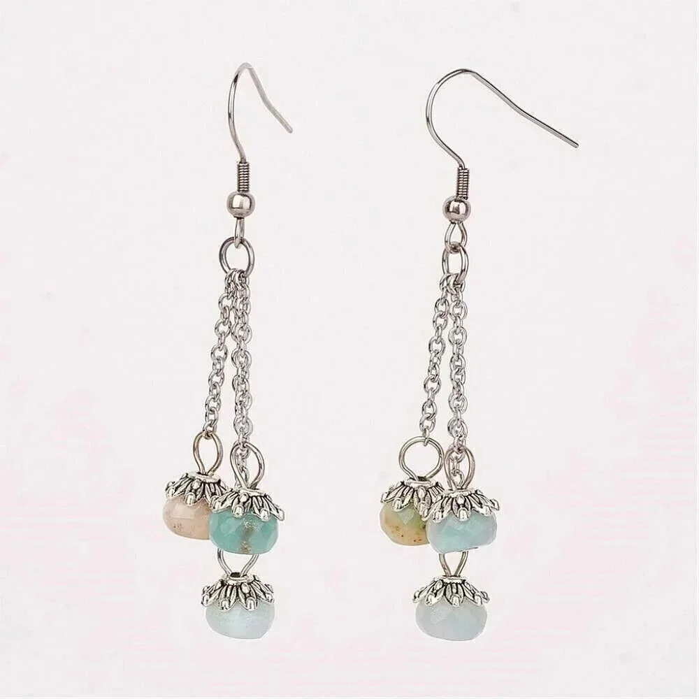 Edgy Surgical Steel Gemstone Earrings Triple Chain Natural Amazonite